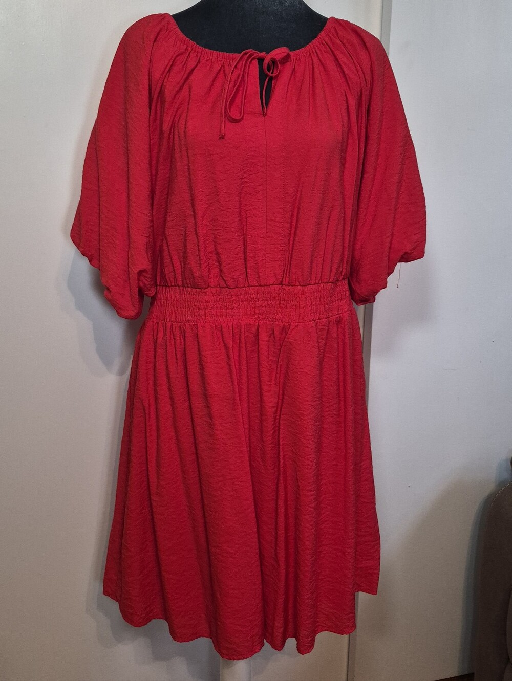 Nine West Red Peasant Midi Dress with Smocked Waist